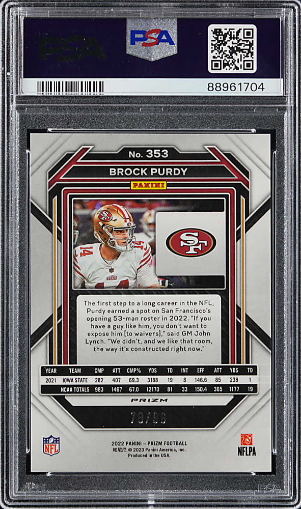 2022 Prizm Football #353 Brock Purdy Rookie Blue Sparkle #/96 PSA GEM MINT 10