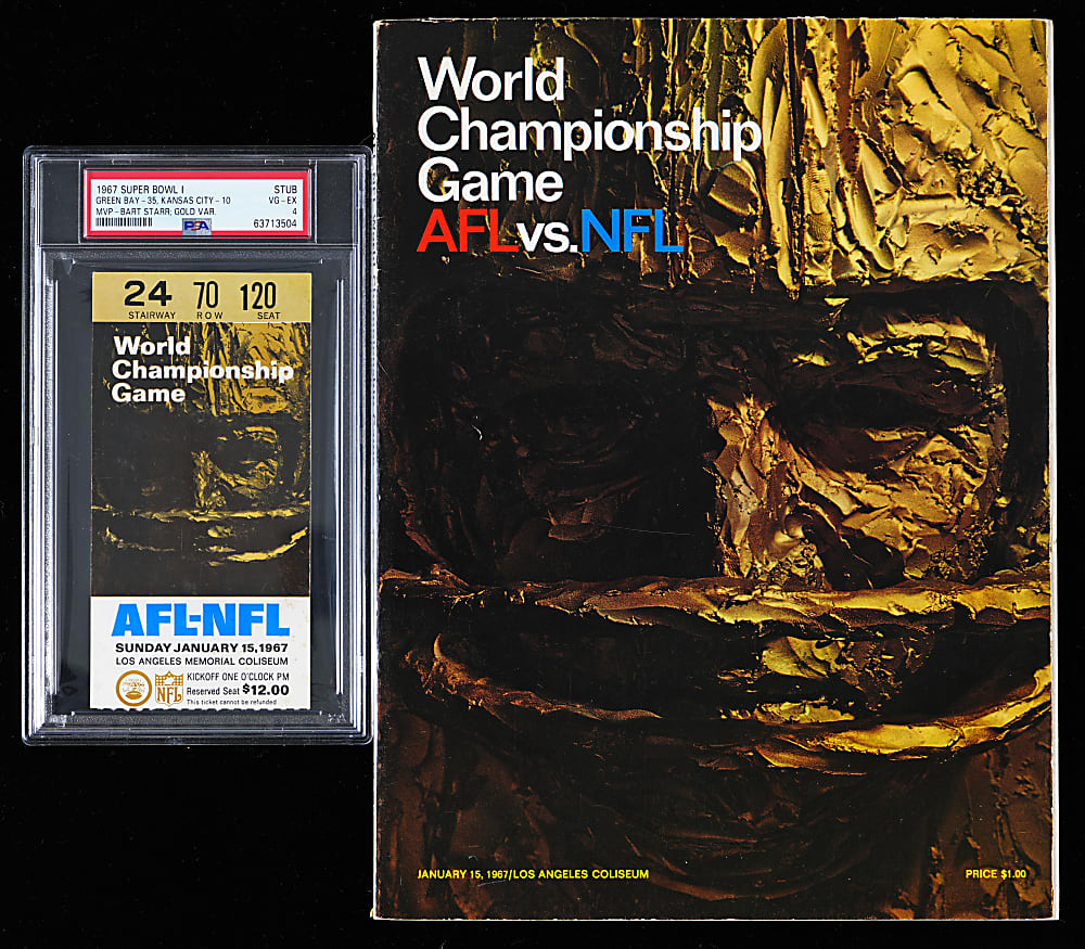1967 Super Bowl I Game Program & Ticket Stub (Gold Variation) PSA VG-EX 4