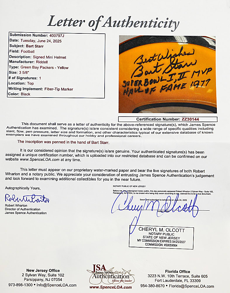 Gorgeous Bart Starr Signed & Multi-Inscribed Green Bay Packers Mini-Helmet with Full JSA LOA