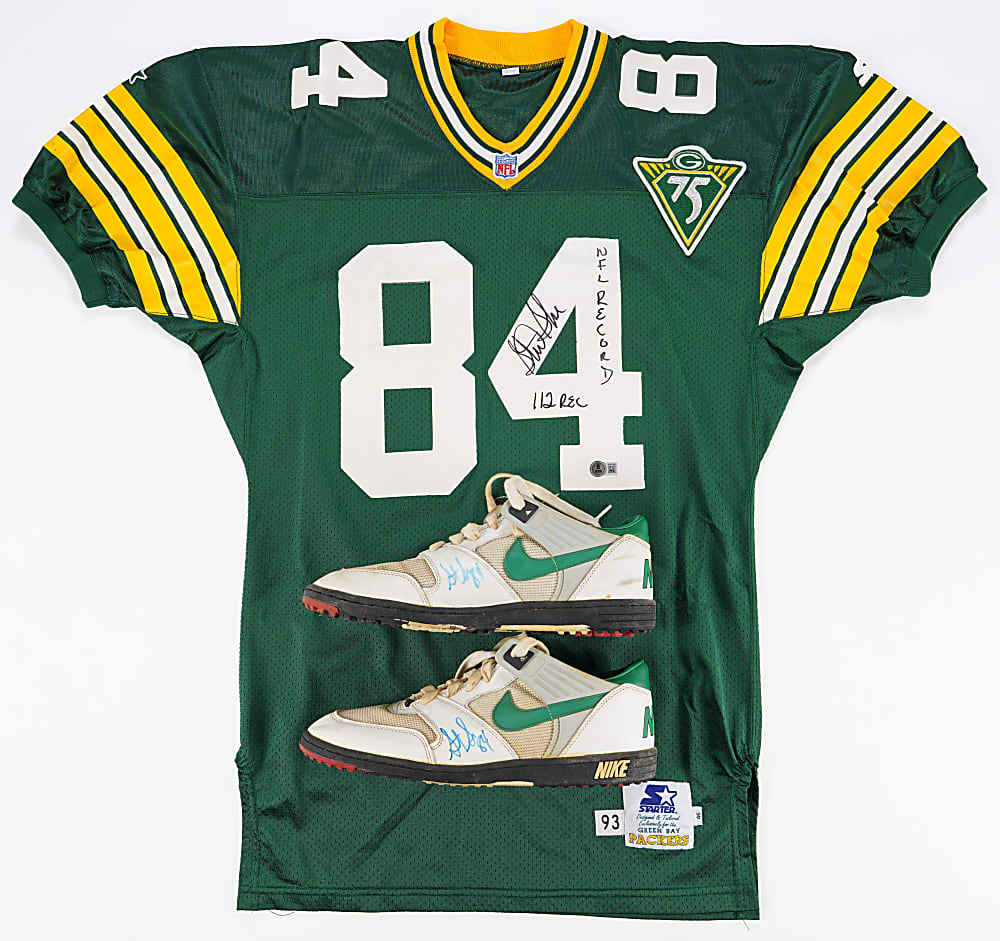 Sterling Sharpe Signed Collection (6) with Pro-Model Cleats, Pro-Cut Jersey & NFL Debut Program/Ticket Stubs