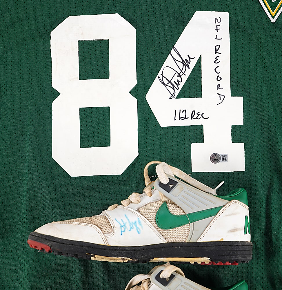 Sterling Sharpe Signed Collection (6) with Pro-Model Cleats, Pro-Cut Jersey & NFL Debut Program/Ticket Stubs