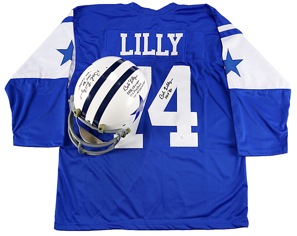 Bob Lilly Twice-Signed & 5X Inscribed Dallas Cowboys Kra-Lite Full-Sized Helmet & Signed Jersey Pair