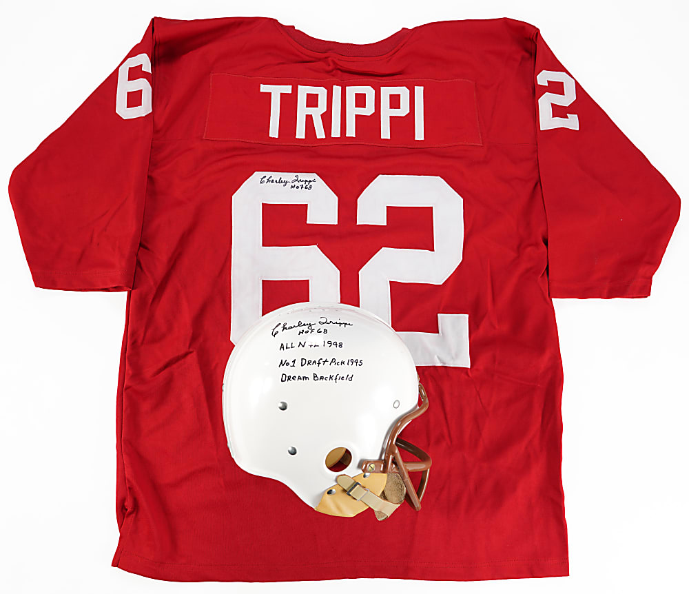 Charley Trippi Signed & 4X Inscribed Authentic Historic Suspension Full-Sized Helmet Plus Signed & Inscribed Jersey Pair