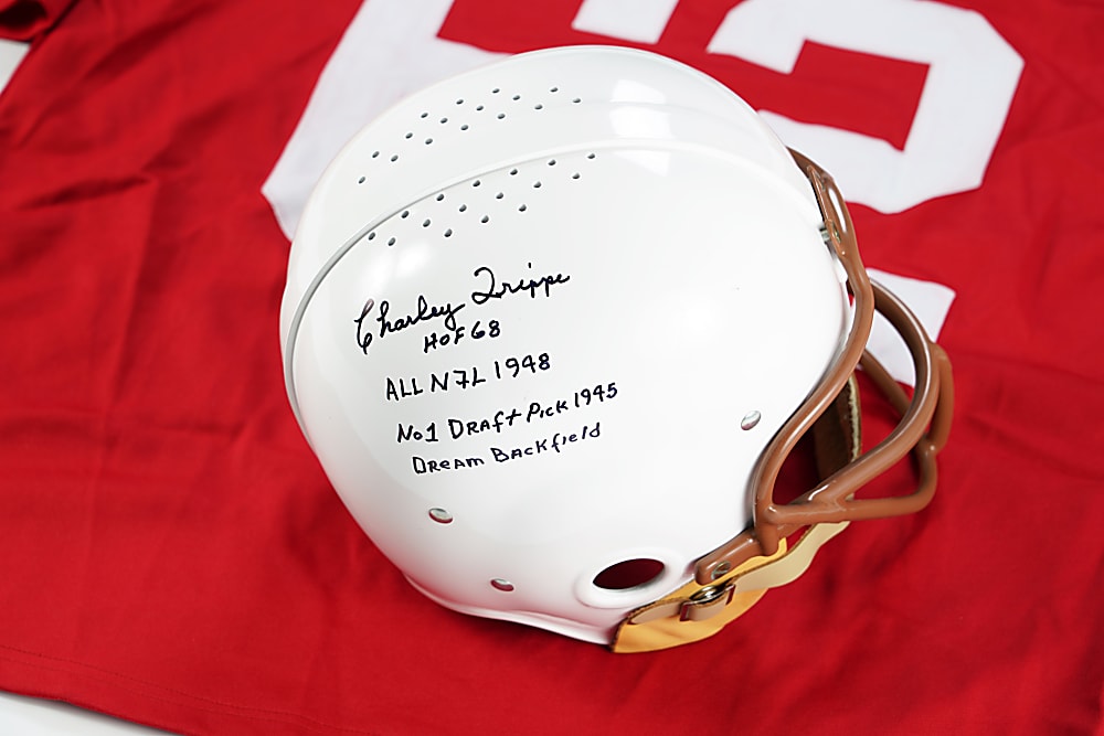 Charley Trippi Signed & 4X Inscribed Authentic Historic Suspension Full-Sized Helmet Plus Signed & Inscribed Jersey Pair
