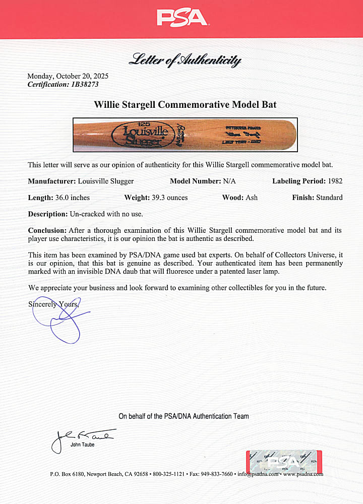 1982 Willie Stargell Pittsburgh Pirates Commemorative Pro Model Bat - PSA/DNA Full LOA