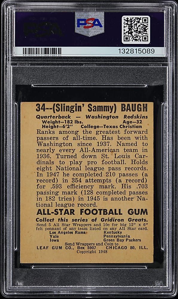 Signed 1948 Leaf Football #34 Sammy Baugh Rookie (Maroon Jersey) PSA VG 3 with GEM MINT 10 Autograph!
