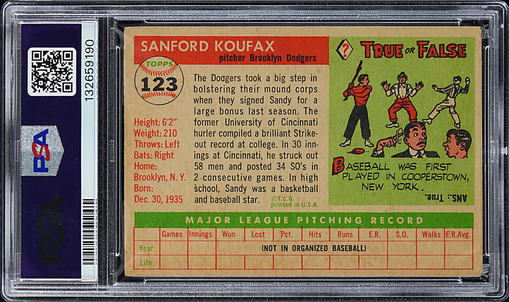 1955 Topps #123 Sandy Koufax Rookie PSA VG 3
