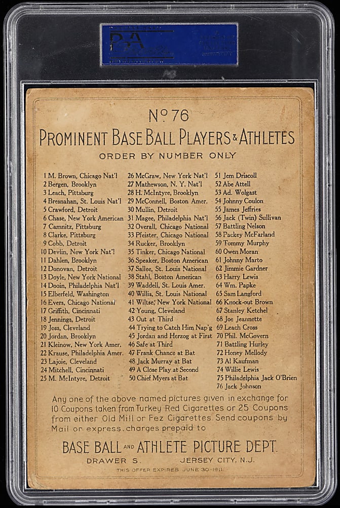 1911 T9 Turkey Red Cabinets #76 Jack Johnson (Checklist Back) PSA VG-EX 4