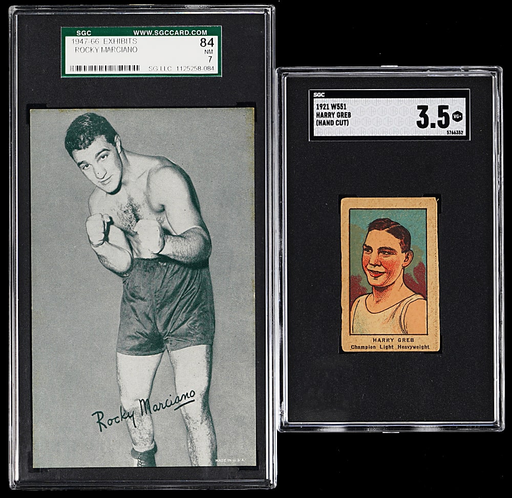 1921 W551 Harry Greb (Hand Cut) & 1947-1966 Exhibits Rocky Marciano SGC Graded Rookie Pair