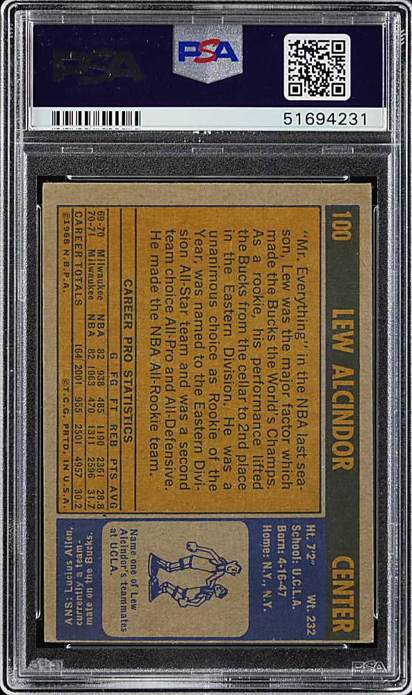 1971-1972 Topps Basketball #100 Lew Alcindor PSA VG 3