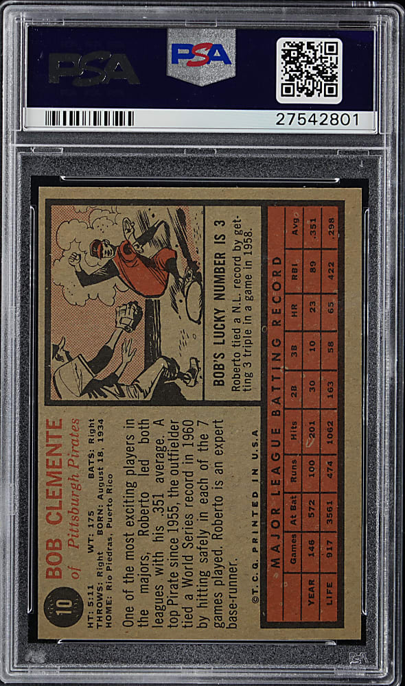 1962 Topps #10 Roberto Clemente PSA NM 7