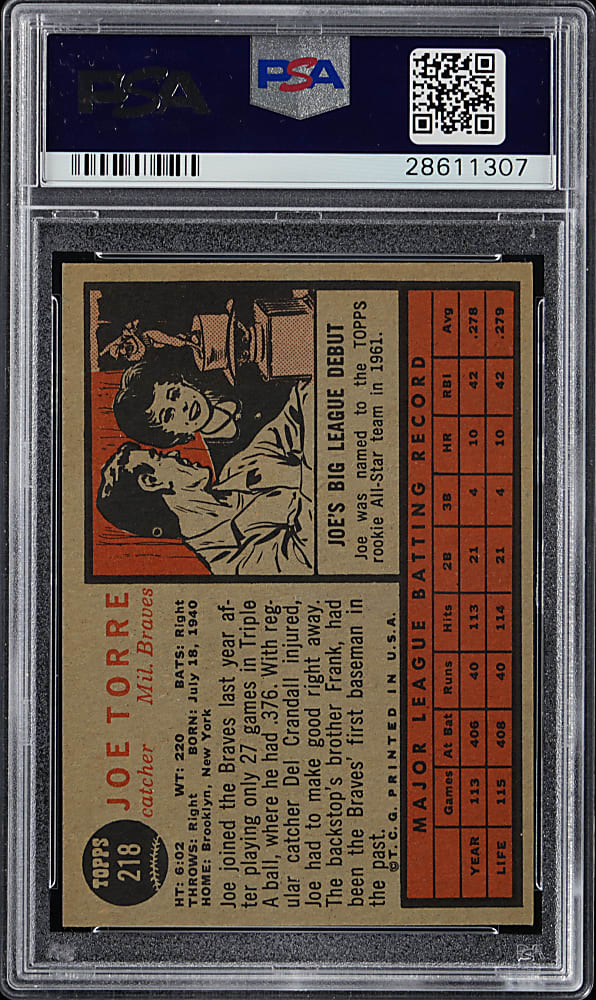 1962 Topps #218 Joe Torre Rookie PSA NM 7