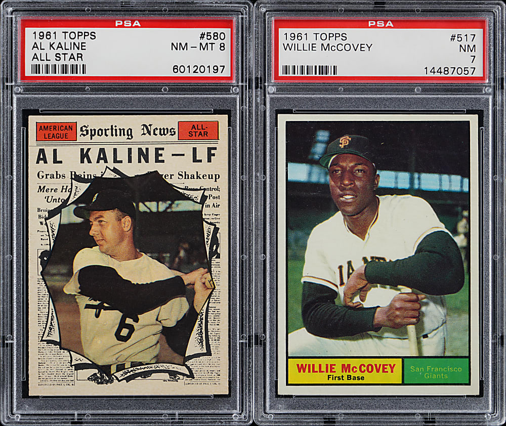 1961 Topps Hall of Fame PSA NM 7-NM-MT 8 Graded Duo with Al Kaline & Willie McCovey