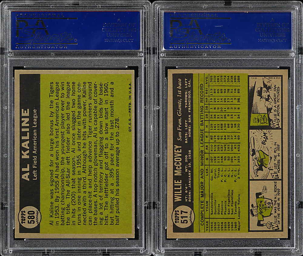 1961 Topps Hall of Fame PSA NM 7-NM-MT 8 Graded Duo with Al Kaline & Willie McCovey