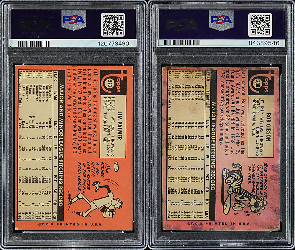 1969 Topps Hall of Fame Signed Card Pair with Bob Gibson & Jim Palmer - Both PSA/DNA Authentic