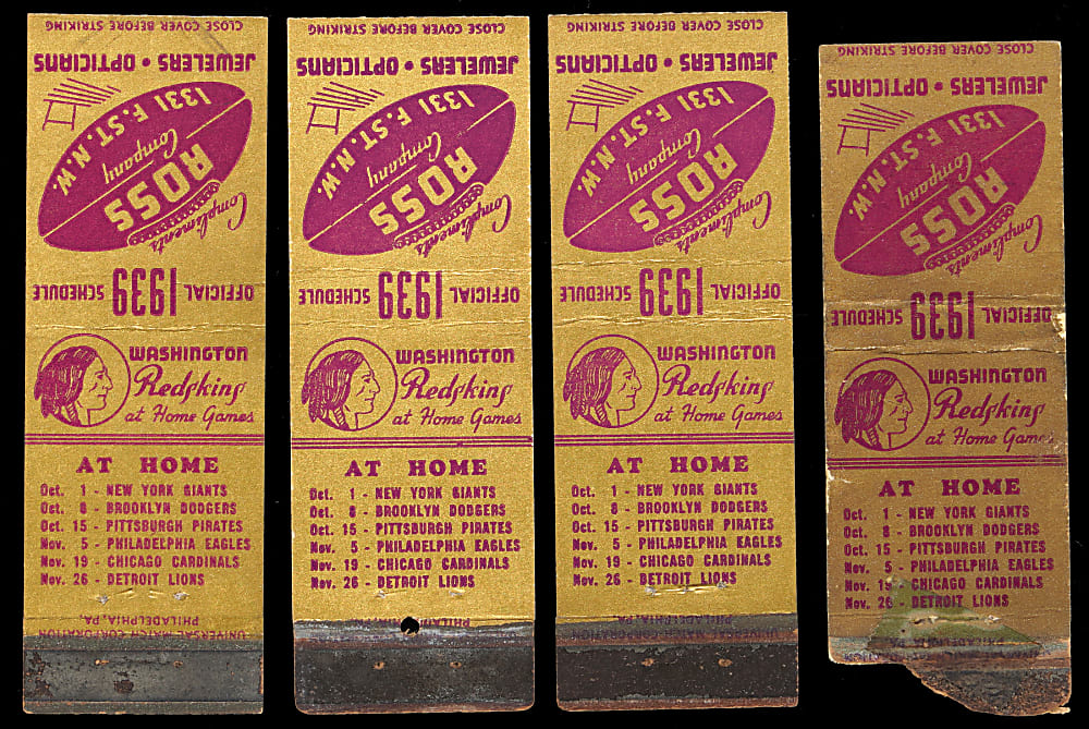 1939 Washington Redskins Ross Jewelry Matchbooks Near Set (19/20) with Jim Barber Shortprint & Sammy Baugh