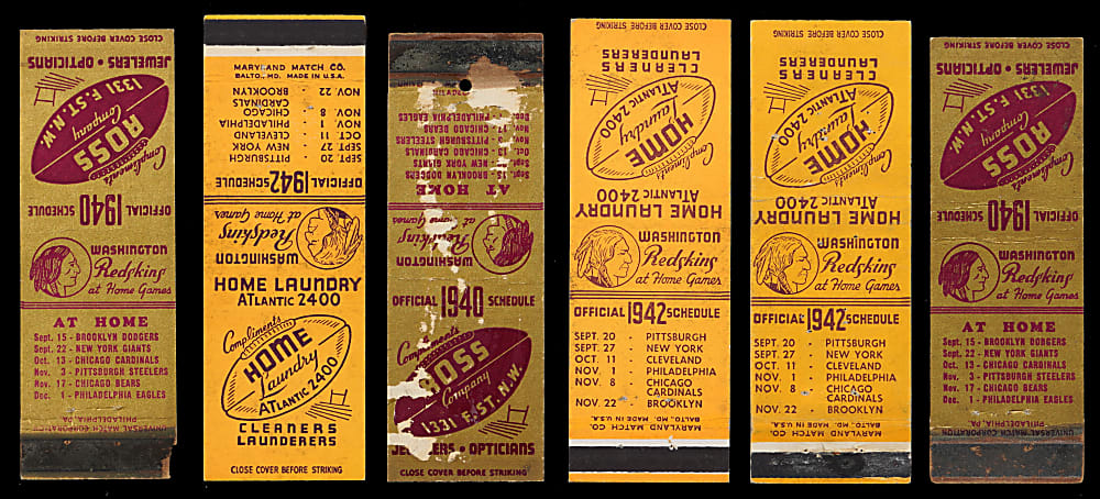1940 & 1942 Washington Redskins Matchbook Covers Complete Set Pair with Sammy Baugh