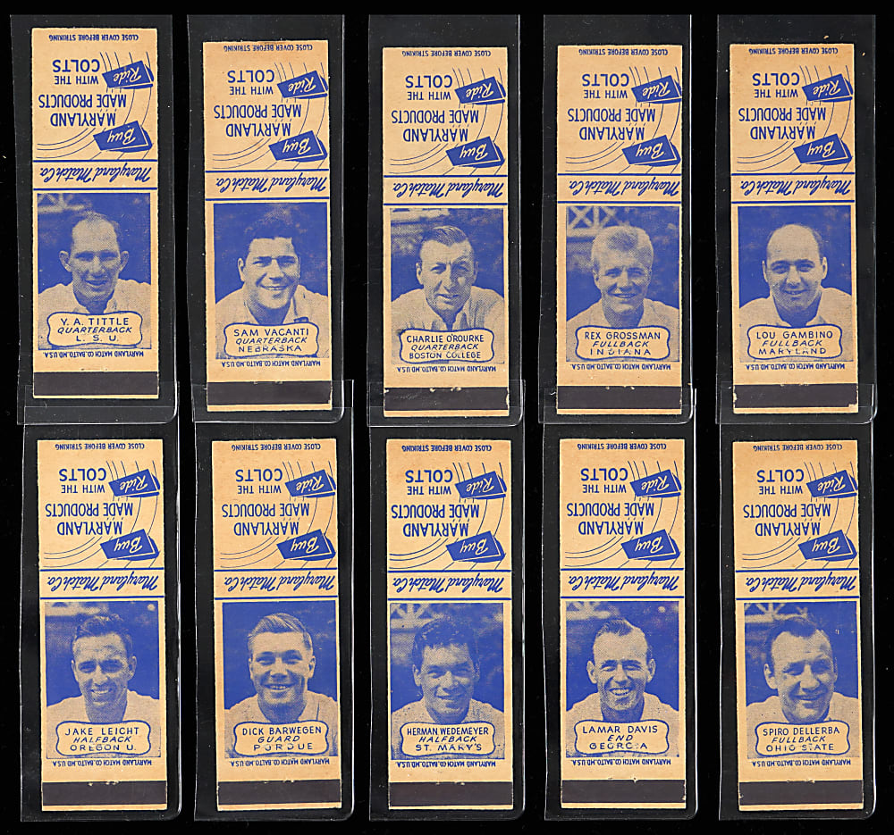 1949 Baltimore Colts AAFC Matchbook Covers Complete Set (10) with Y.A. Tittle Rookie