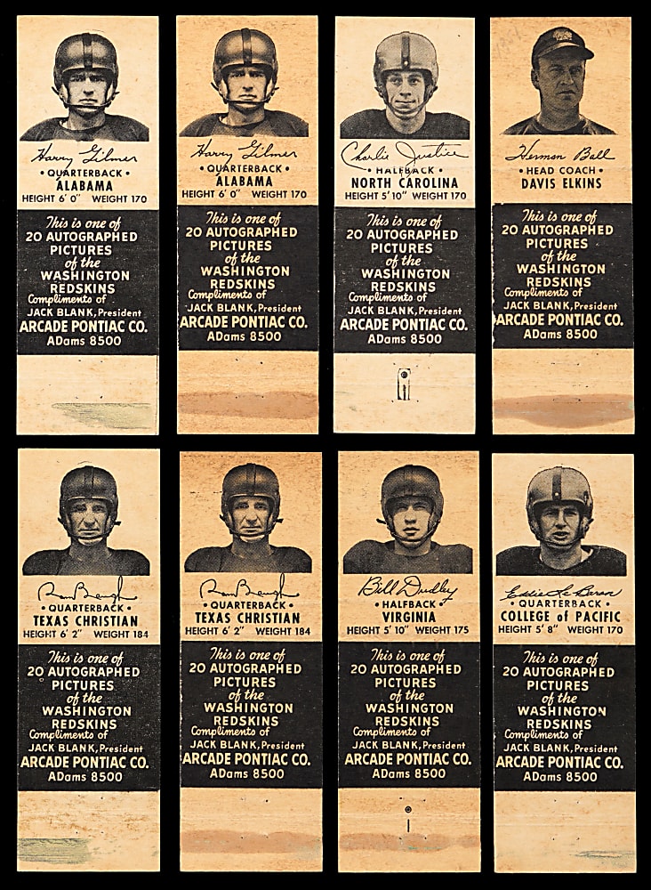 1951 & 1952 Washington Redskins Arcade Pontiac Matchbook Covers Complete Set Pair with Sammy Baugh