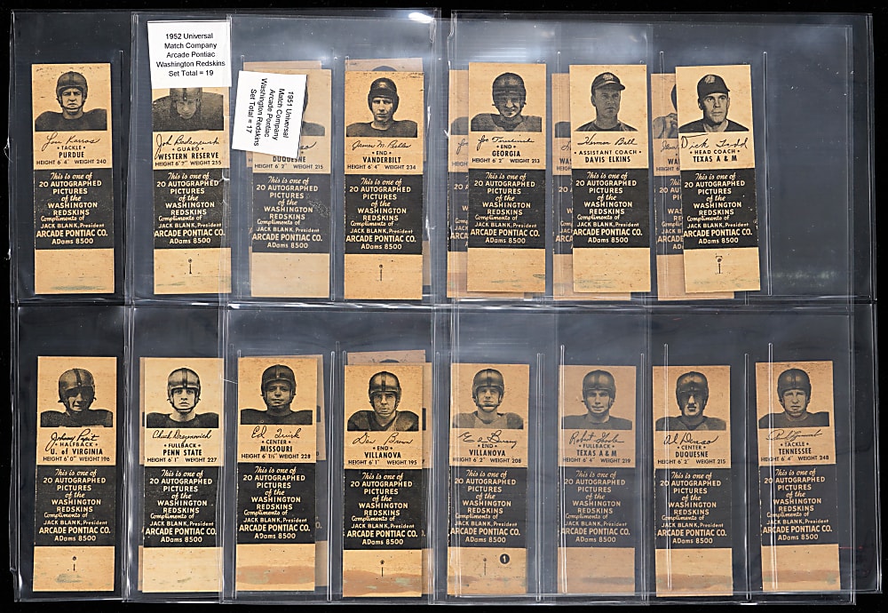 1951 & 1952 Washington Redskins Arcade Pontiac Matchbook Covers Complete Set Pair with Sammy Baugh