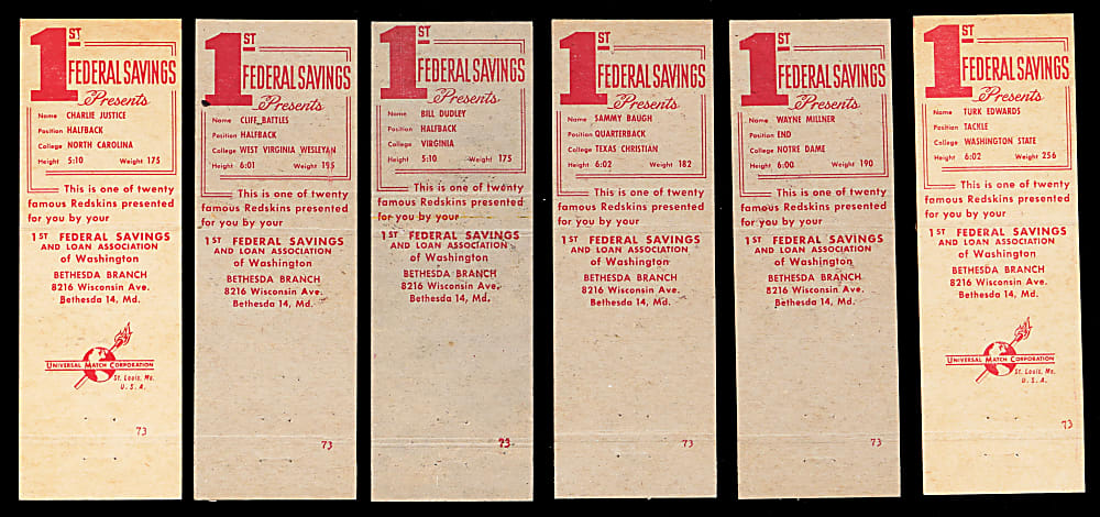 1958-1961 First Federal Savings Famous Redskins Matchbook Covers Complete/Near Set Run