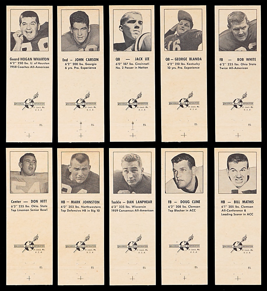 1960 Universal Matchbook Covers Houston Oilers Set (10) with George Blanda