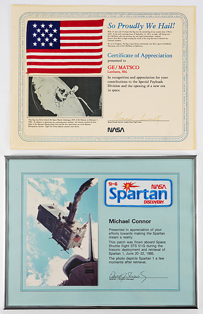 1980s-Modern NASA Recognition Rocket Awards (7) with Various Space Flown Relics Including 15-Star USA Flag