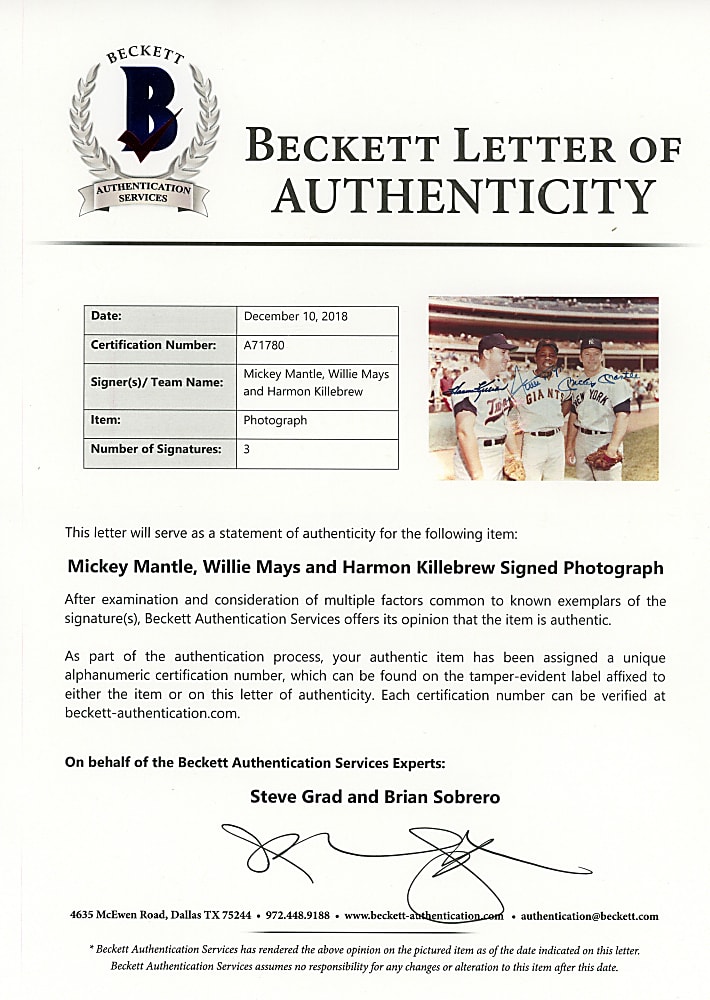 Harmon Killebrew, Willie Mays & Mickey Mantle Triple Signed 8x10 Photograph - Beckett Full LOA