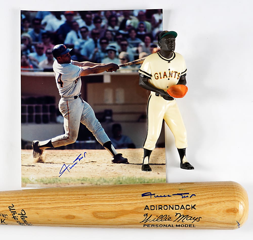 Willie Mays Signed Bat, Signed Photograph, and 1958-1963 Hartland Statue Trio