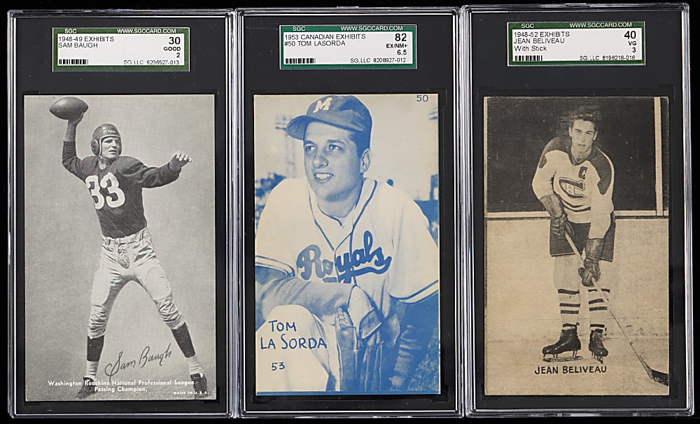 1939-1963 Multi-Sport Exhibits SGC Graded Collection (9) with Baugh, Beliveau & Lasorda
