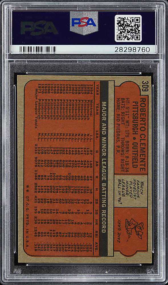 1972 Topps #309 Roberto Clemente PSA NM-MT 8