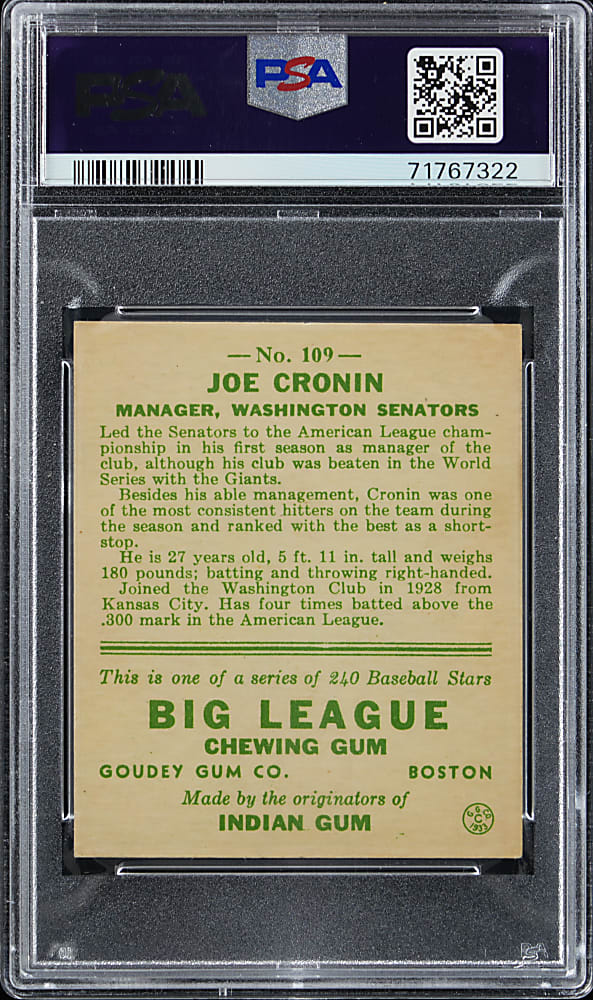1933 Goudey #109 Joe Cronin PSA EX-MT 6