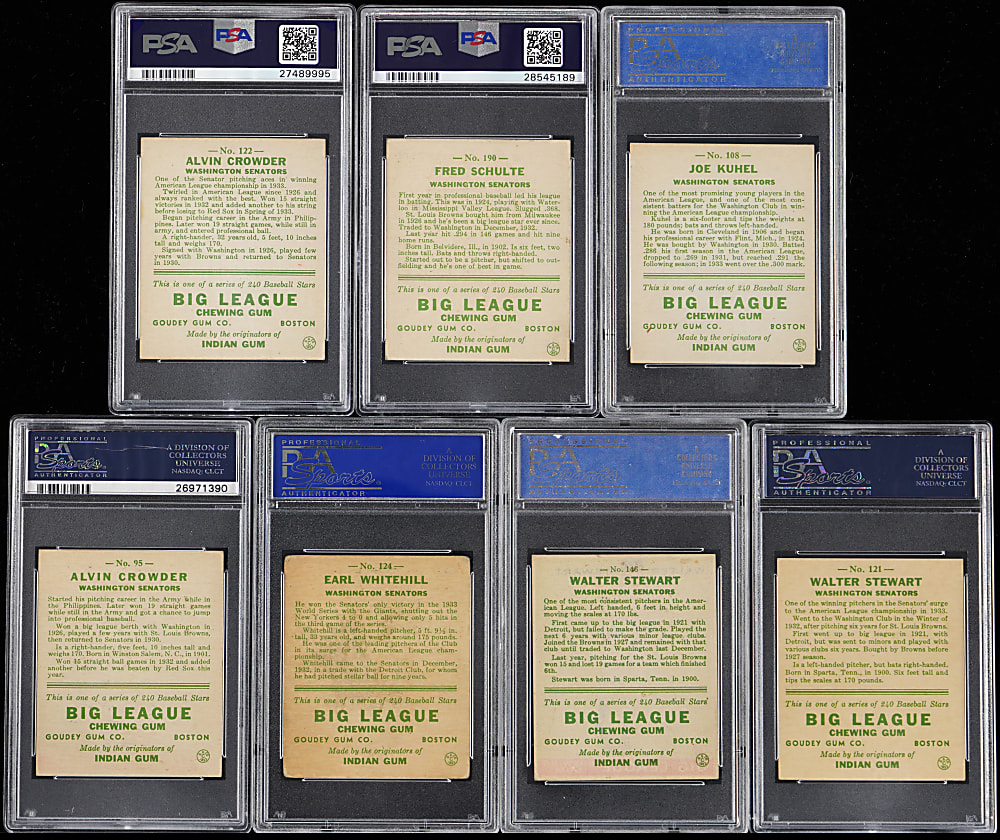 1933 Goudey Washington Senators PSA VG-EX 4 to EX-MT 6 Graded Collection (7)