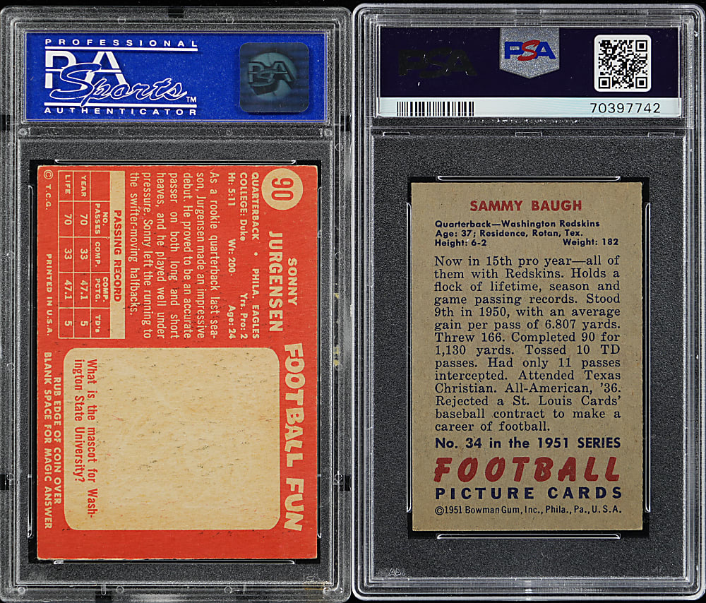 Washington Redskins Hall of Fame Quarterback PSA Graded Pair with Sammy Baugh & Sonny Jurgensen Rookie