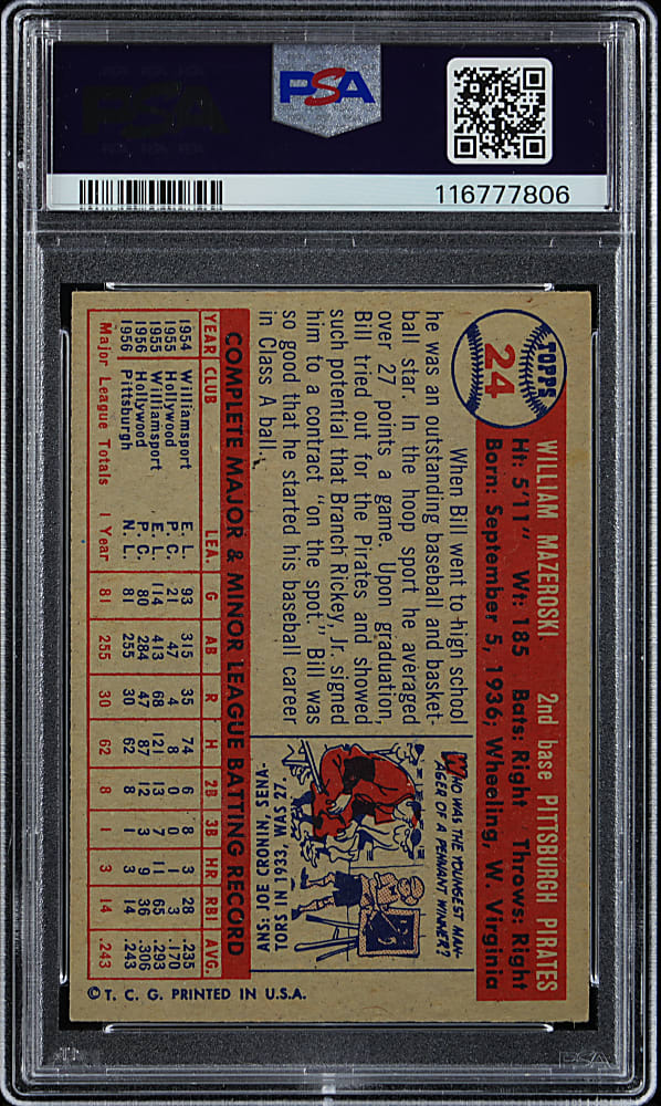 1957 Topps #24 Bill Mazeroski Rookie PSA NM 7