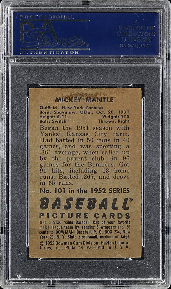 1952 Bowman #101 Mickey Mantle PSA Authentic - Nicely Centered!