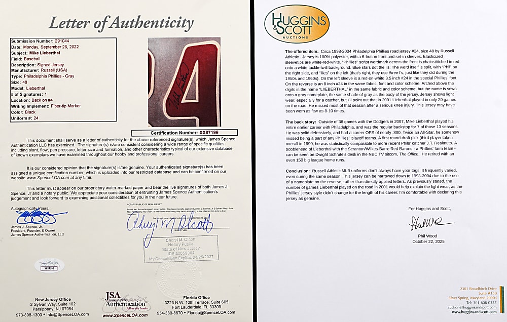 1998-2004 Mike Lieberthal Philadelphia Phillies Signed Game-Used Home Jersey with Full JSA & Phil Wood LOA