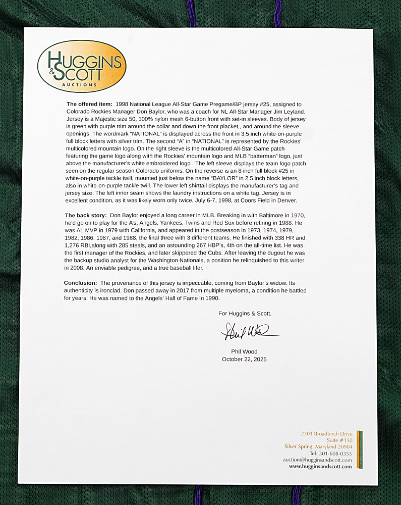 1998 Don Baylor National League All-Star Game Batting Practice/Pregame-Used Jersey with Phil Wood & Family LOA