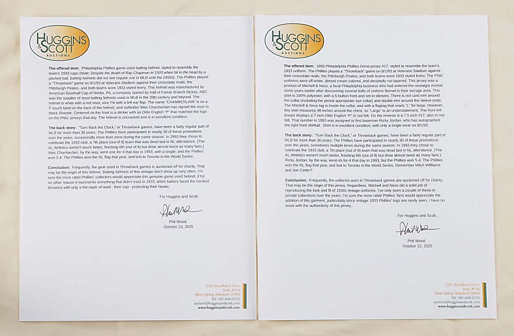 1993 Philadelphia Phillies Game-Used "Turn Back the Clock" Pair with Wes Chamberlain Batting Helmet & Ricky Jordan Jersey - Phil Wood LOA