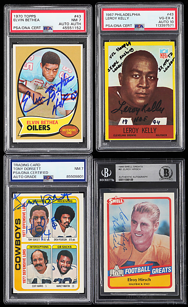 1967-1989 Football Hall of Fame Signed Card Quartet - All PSA/DNA Authentic or Beckett Authentic