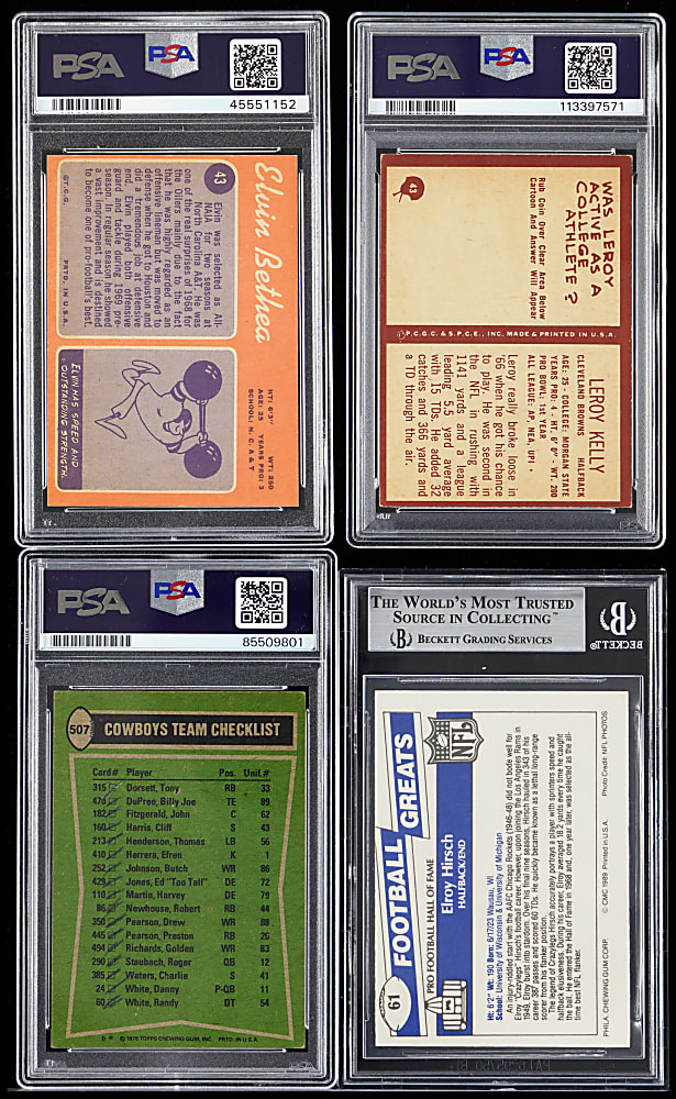 1967-1989 Football Hall of Fame Signed Card Quartet - All PSA/DNA Authentic or Beckett Authentic
