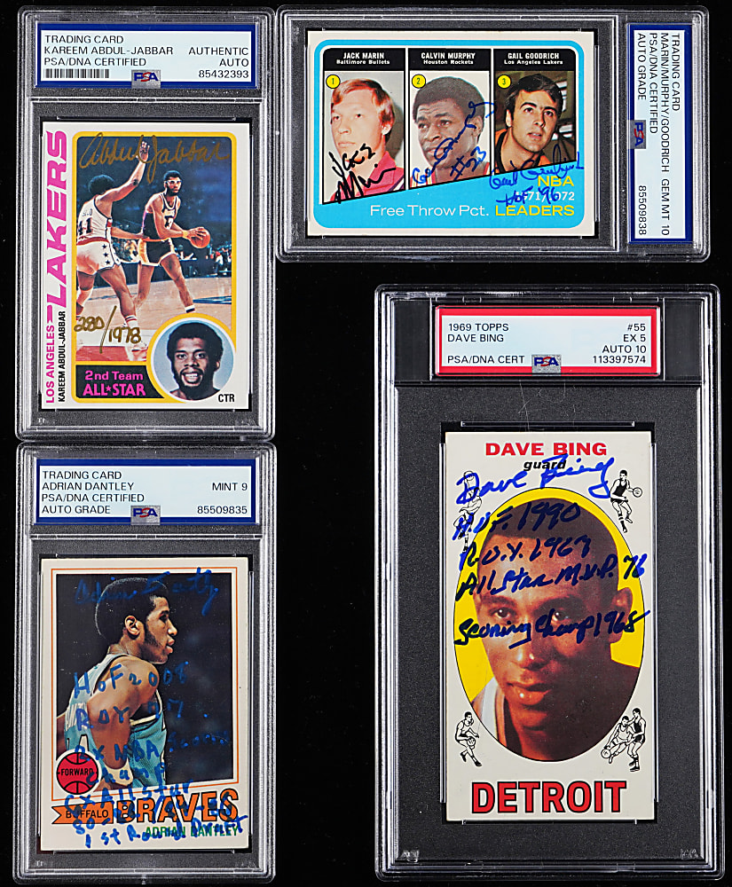 1969-1979 Signed Basketball Hall of Fame Card Group (4) with Kareem Abdul-Jabbar & Several Inscriptions - All PSA/DNA Authentic