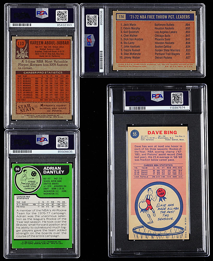 1969-1979 Signed Basketball Hall of Fame Card Group (4) with Kareem Abdul-Jabbar & Several Inscriptions - All PSA/DNA Authentic