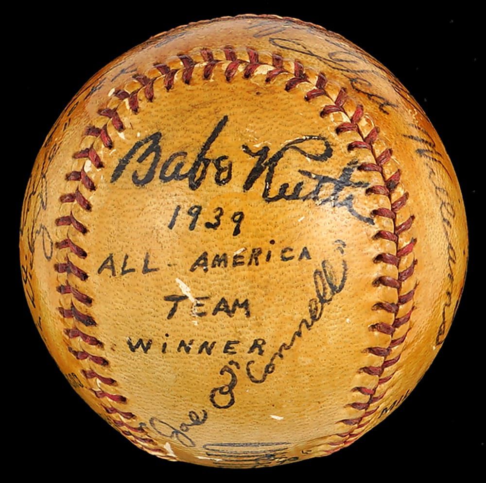 1939 All-America Team Winner Signed Baseball (16) with Rookie Ted Williams & Extremely Bold Babe Ruth - JSA LOA
