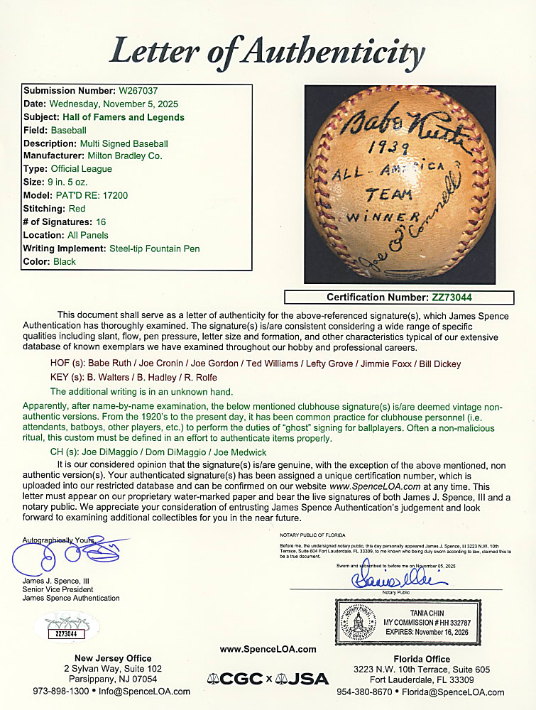 1939 All-America Team Winner Signed Baseball (16) with Rookie Ted Williams & Extremely Bold Babe Ruth - JSA LOA