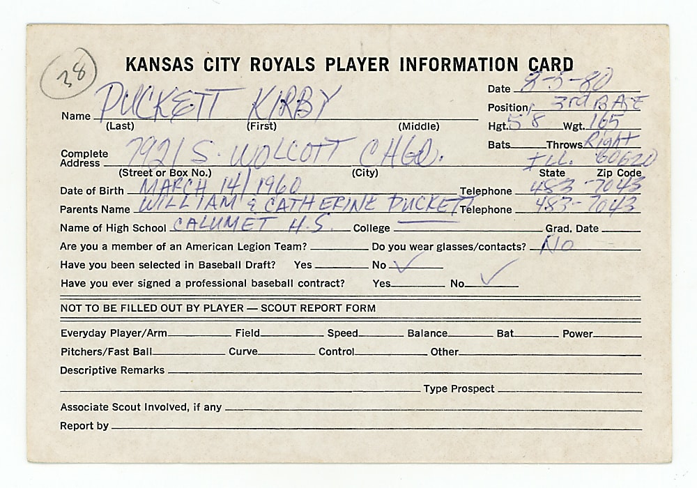 Unique 1980 Kirby Puckett Handwritten Kansas City Royals Player Information Card - Earliest Known Example with Full JSA LOA