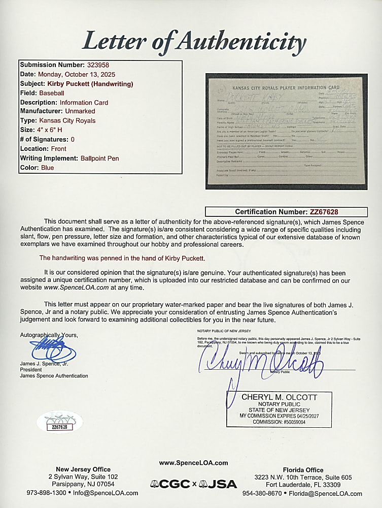 Unique 1980 Kirby Puckett Handwritten Kansas City Royals Player Information Card - Earliest Known Example with Full JSA LOA