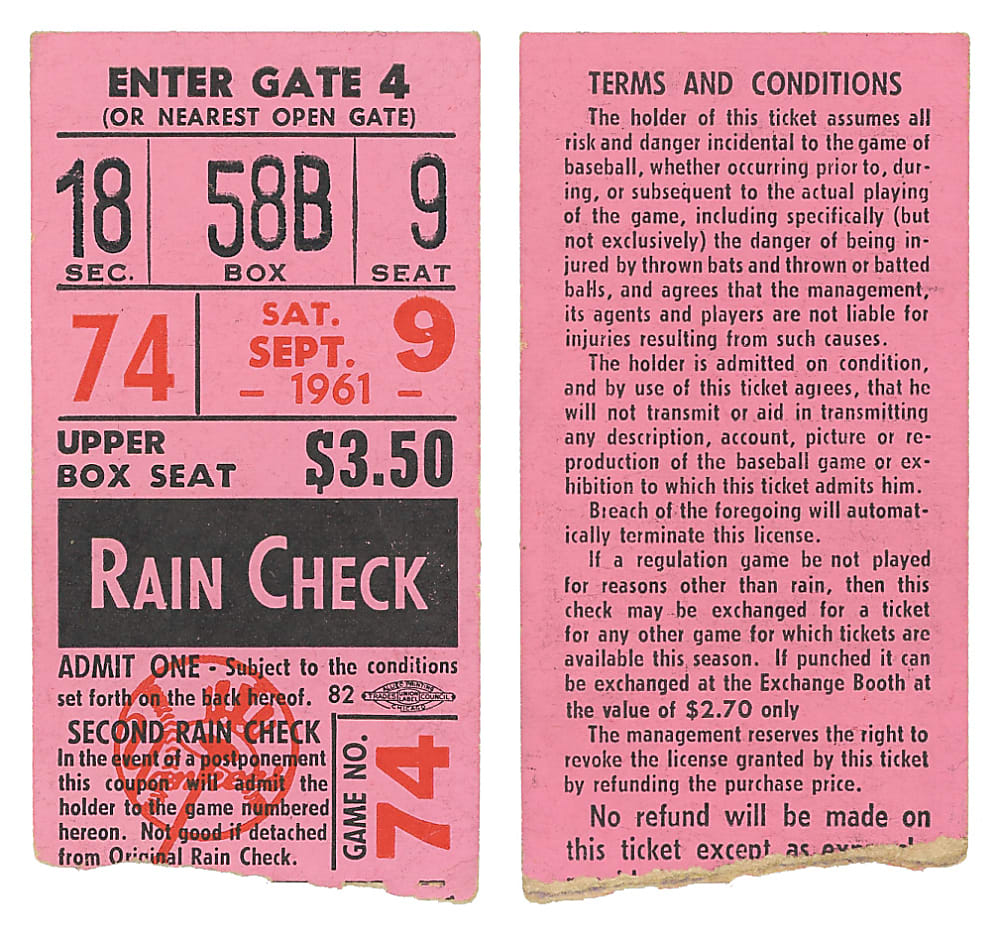 September 9th, 1961 New York Yankees vs. Cleveland Indians Ticket Stub - Roger Maris 56th Home Run of the Season!