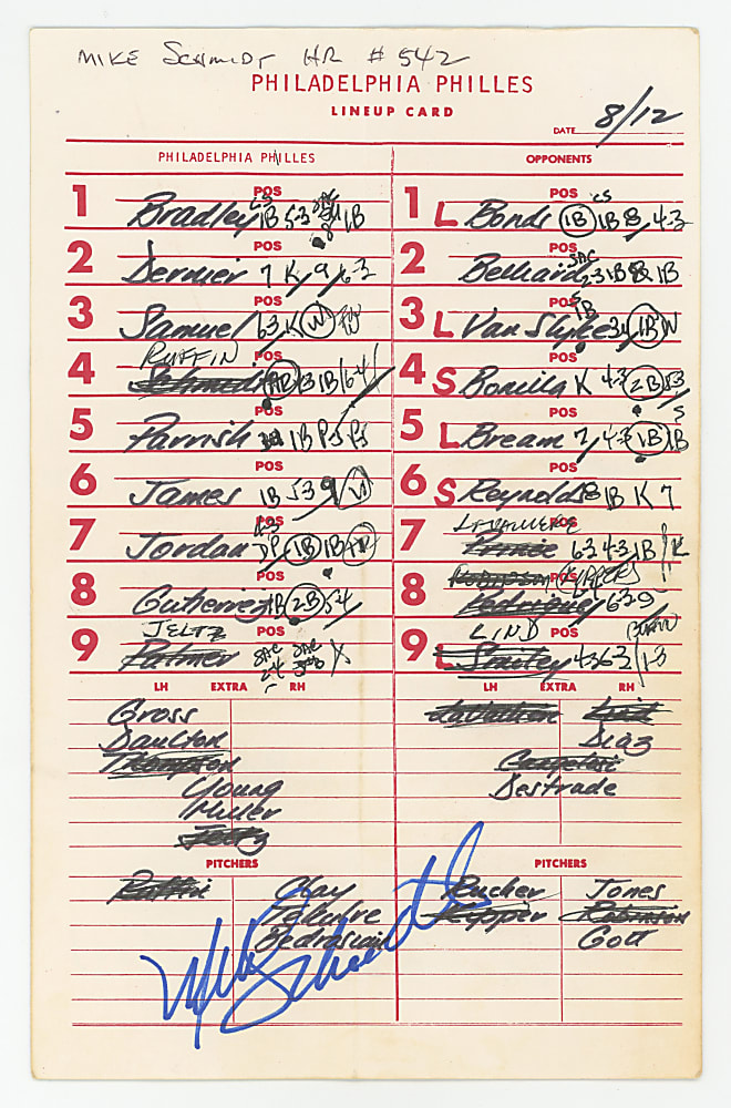 August 12th, 1988 Philadelphia Phillies vs. Pittsburgh Pirates Mike Schmidt Signed Line-Up Card - Schmidt Career Home Run #542! with Full JSA LOA