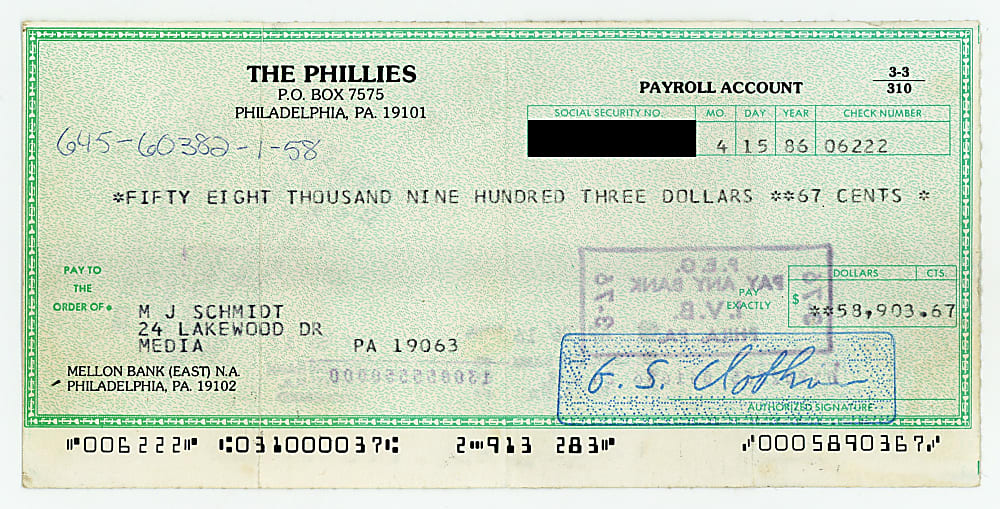 1986 Mike Schmidt Philadelphia Phillies Payroll Check